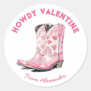 Custom Cute Pink Cowboy Boot Howdy Valentine's  Classic Round Sticker