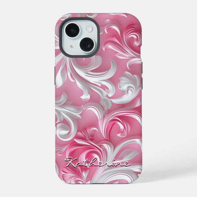 Custom Cute Pink Floral iPhone Case| Pink & White 15 Case (Back)