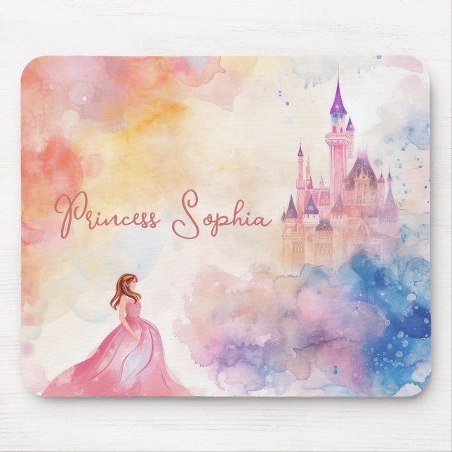 Custom Cute Pink Watercolor Princess Castle  Mouse Pad (Front)