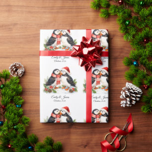 Custom Cute Puffin Couple Christmas Wrapping Paper