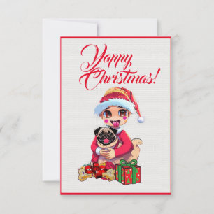 Custom Cute Pug Dog With Girl Xmas Card