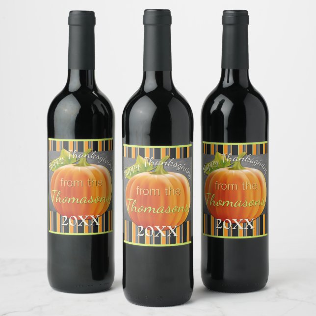 Custom Cute Pumpkin Orange Green Stripes Pattern Wine Label (Bottles)