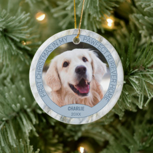 Custom Cute Puppy Photo On Chic Grey Blue Marble Ceramic Tree Decoration