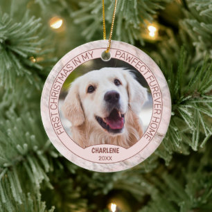 Custom Cute Puppy Photo On Chic Grey Pink Marble Ceramic Tree Decoration