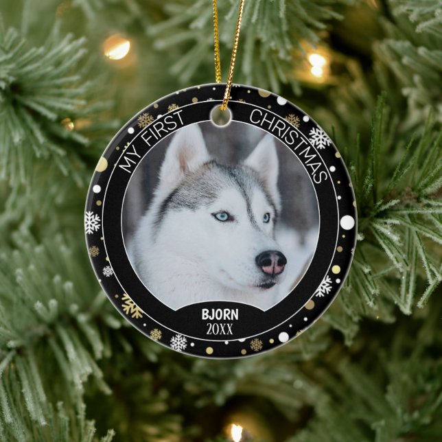 Custom Cute Puppy Photo On White Gold Snowflakes Ceramic Tree Decoration (Tree)