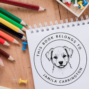 Custom Cute Puppy This Book Belongs To Kid's Name Rubber Stamp