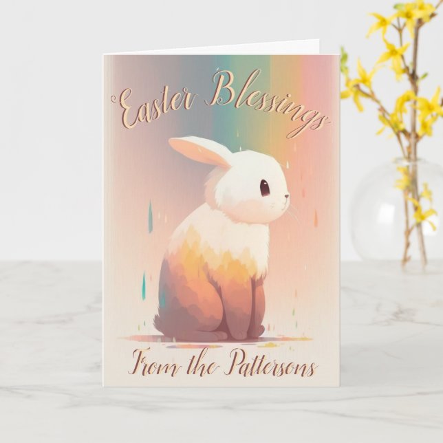 Custom, Cute Rainbow Bunny, Personalised Easter Card (Yellow Flower)
