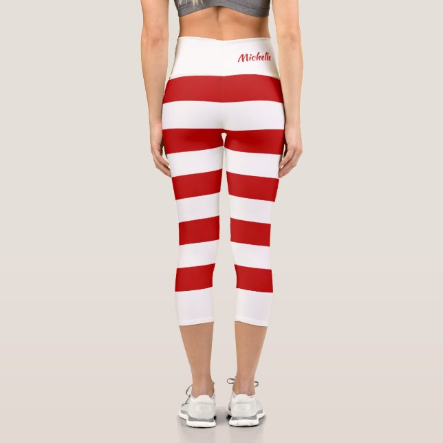 Custom Cute Red White Stripes Candy Cane Christmas Capri Leggings (Back)