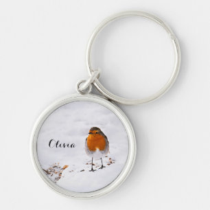 Custom cute Robin bird in snow add name Key Ring