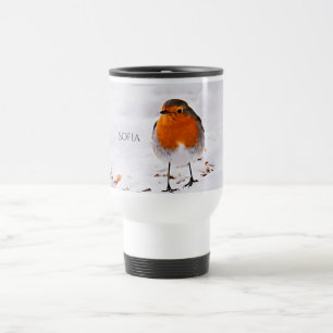 Custom cute Robin bird in snow add name Travel Mug