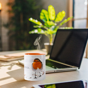 Custom cute Robin bird in snow add name Two-Tone Coffee Mug