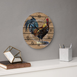 Custom Cute Rooster On Weathered Plank Pattern Large Clock