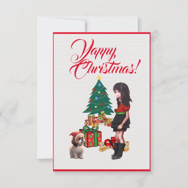 Custom Cute Shih Tzu With  Girl Xmas Card (Front)