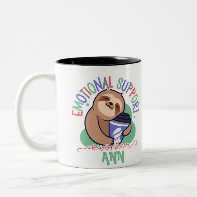 Custom Cute Sloth Emotional Support Coworker Two-Tone Coffee Mug (Left)