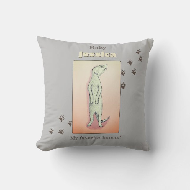 Custom Cute Soft Grey Peach Meerkat Baby Name Cushion (Front)