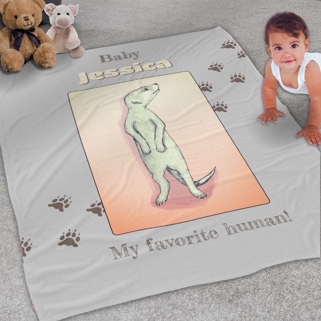 Custom Cute Soft Grey Peach Meerkat Baby Name Fleece Blanket (Creator Uploaded)