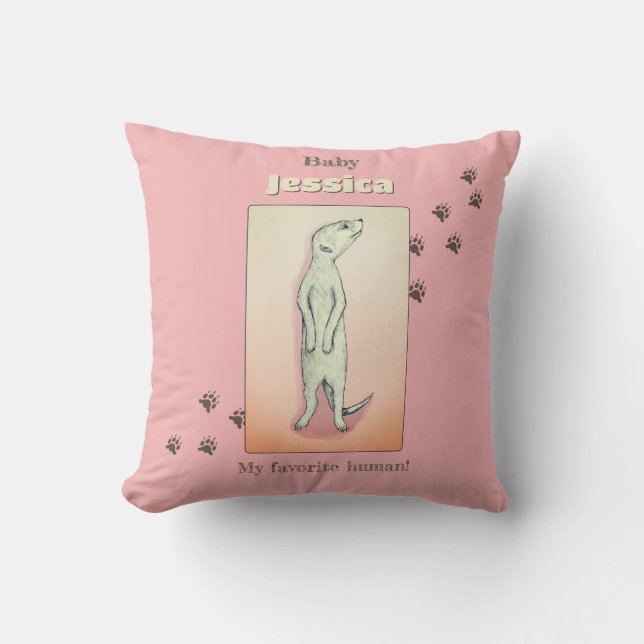 Custom Cute Soft Pink Peach Meerkat Baby Name Cushion (Front)
