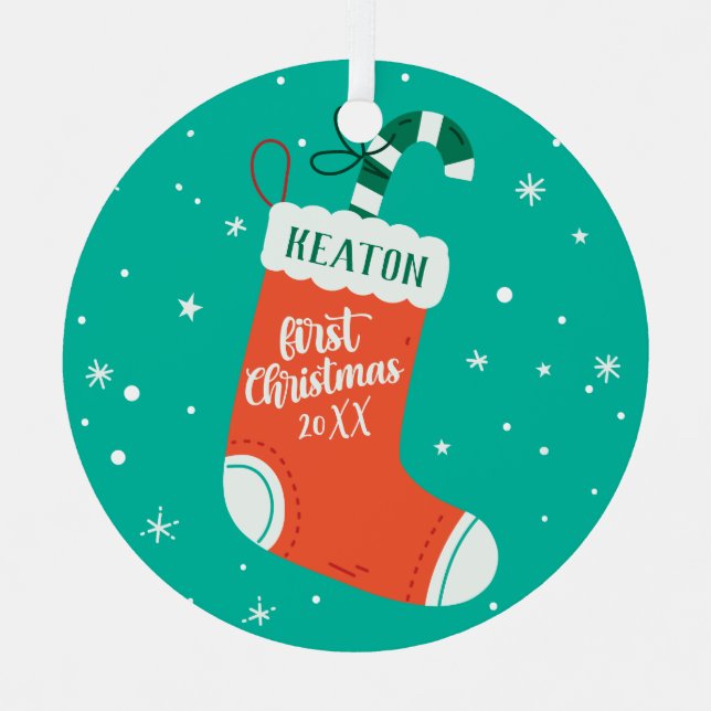 Custom Cute Stocking Baby's First Christmas Metal Tree Decoration (Front)