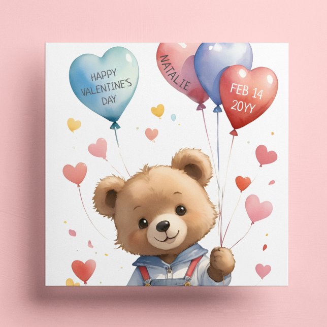 Custom Cute Watercolor Teddy Bear Valentines Day Holiday Card (Creator Uploaded)
