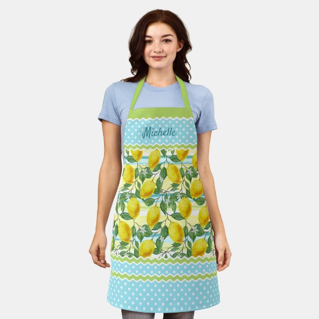 Custom Cute Yellow Lemons Green Leaves On Blue Apron (Worn)
