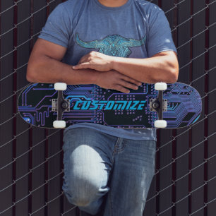 Custom Cyber Blue PCB Circuit Board Tech Art Skateboard