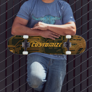 Custom Cyber Orange PCB Circuit Board Tech Art Skateboard