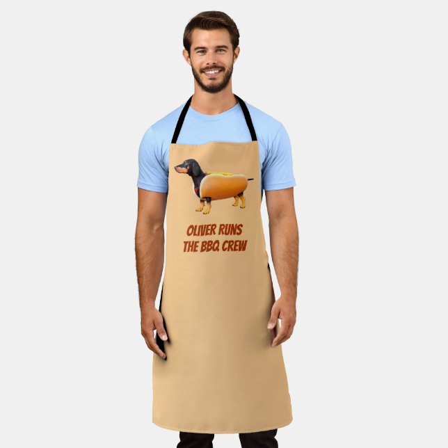 Custom Dachshund BBQ Crew Funny Wiener Dog Apron (Worn)