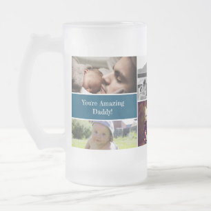 Custom daddy photo collage blue frosted glass beer mug