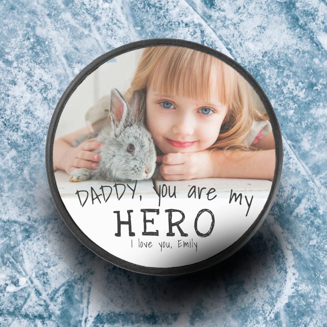Custom Daddy you are Hero Blue Father`s Day Photo Hockey Puck (Creator Uploaded)