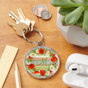 Custom Daisies Poppies Monogram Flower Wreath Key Ring