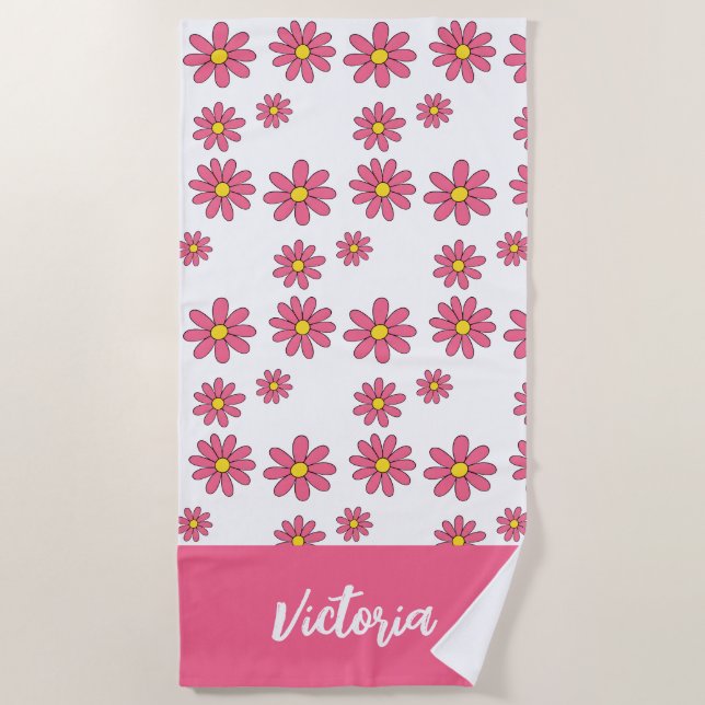 Custom Daisy Floral Beach Towel, Personalised Pool Towel (Front)
