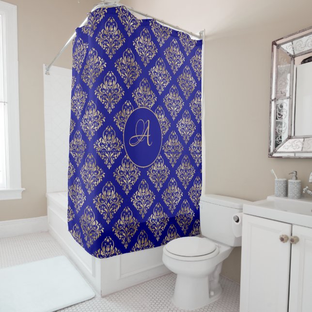 Custom Damask Gold Monogram Shower Curtain (In Situ)