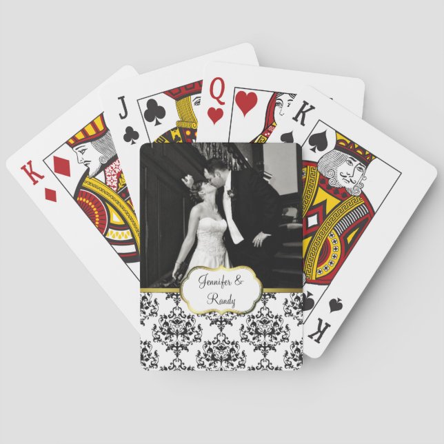 Custom Damask Wedding Photo Playing Cards (Back)