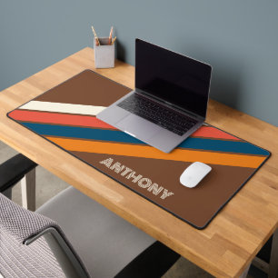 Custom Dark Blue Coral Red Stripes Art On Brown Desk Mat