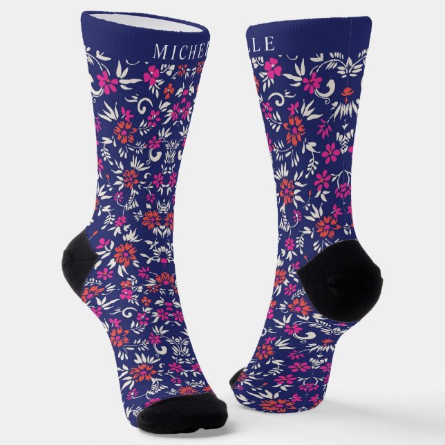 Custom Dark Blue Floral Pink White Pink Flowers Socks (Angled)