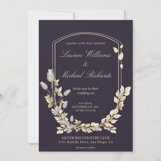 Custom Dark Blue Gold Flower Shield Wedding Invitation (Front)
