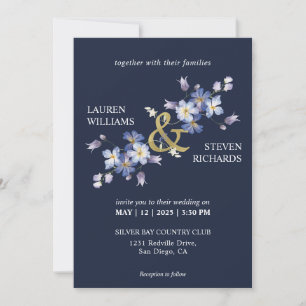 Custom Dark Blue Purple Flowers Decoration Wedding Invitation
