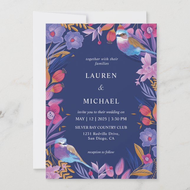 Custom Dark Blue Purple Nature Bird Flower Wedding Invitation (Front)