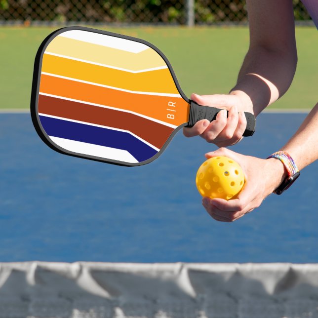 Custom Dark Blue Red Orange Yellow Mod Art Stripes Pickleball Paddle (Insitu)