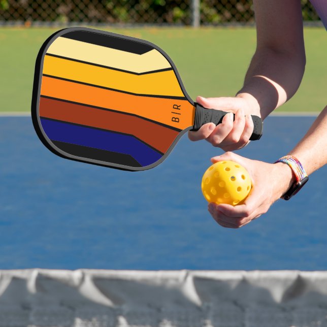 Custom Dark Blue Red Orange Yellow Mod Art Stripes Pickleball Paddle (Insitu)