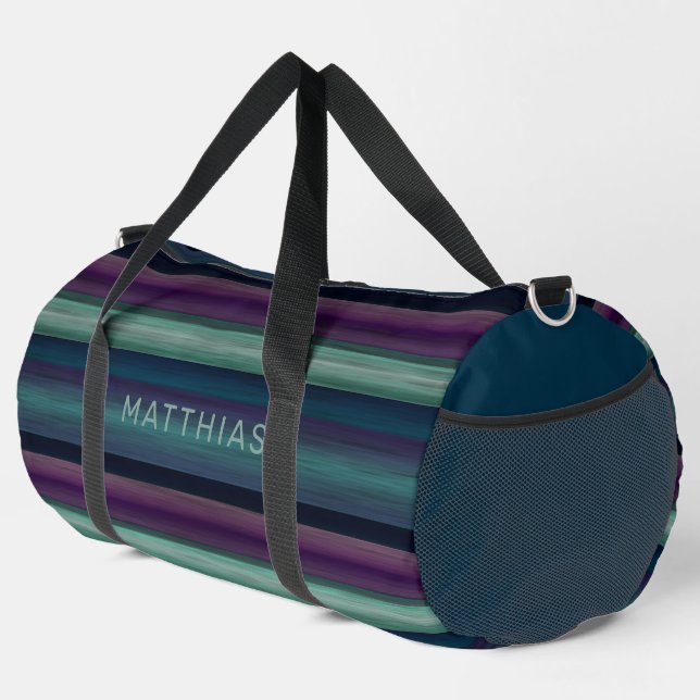 Custom Dark Blue Teal Green Black Purple Stripes Duffle Bag (Right Corner)