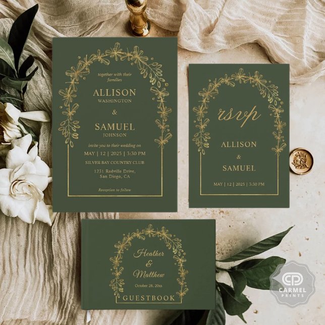 Custom Dark Bottle Green Gold Flowers Floral  Invitation (Custom Dark Bottle Green Gold Flowers Floral Invitation)