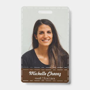 Custom Dark Brow Stitched Leather Photo Employee ID Badge