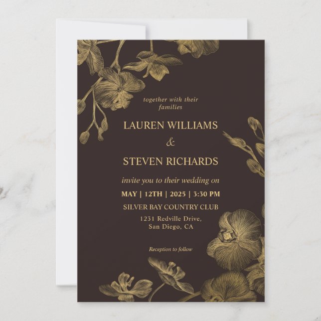 Custom Dark Chocolate Brown Gold Wedding Invitation (Front)