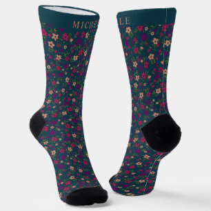 Custom Dark Green Floral Pink Purlpe Flowers Socks