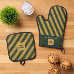 Custom Dark Green & Gold Stripe Oven Mitt & Pot Holder Set