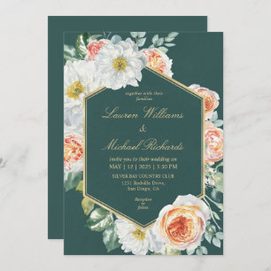 Custom Dark Green White Watercolor Floral Wedding Invitation