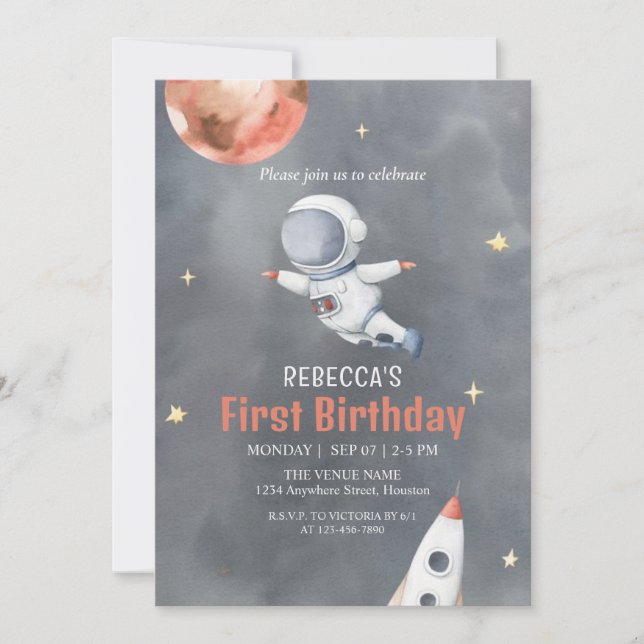 Custom Dark Grey Black Astronaut Space Theme Invitation (Front)