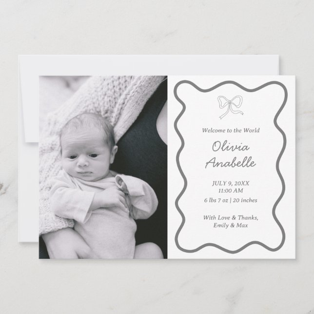 Custom Dark Grey Bow Wavy Boho Collage Baby Birth Announcement (Front)