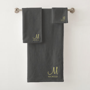 Custom Dark Grey & Gold Name Typography Monogram Bath Towel Set